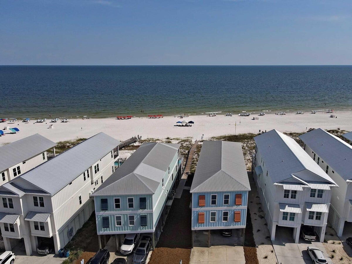Aerial view of Belle Vista duplex and the Gulf in Orange Beach, Alabama
