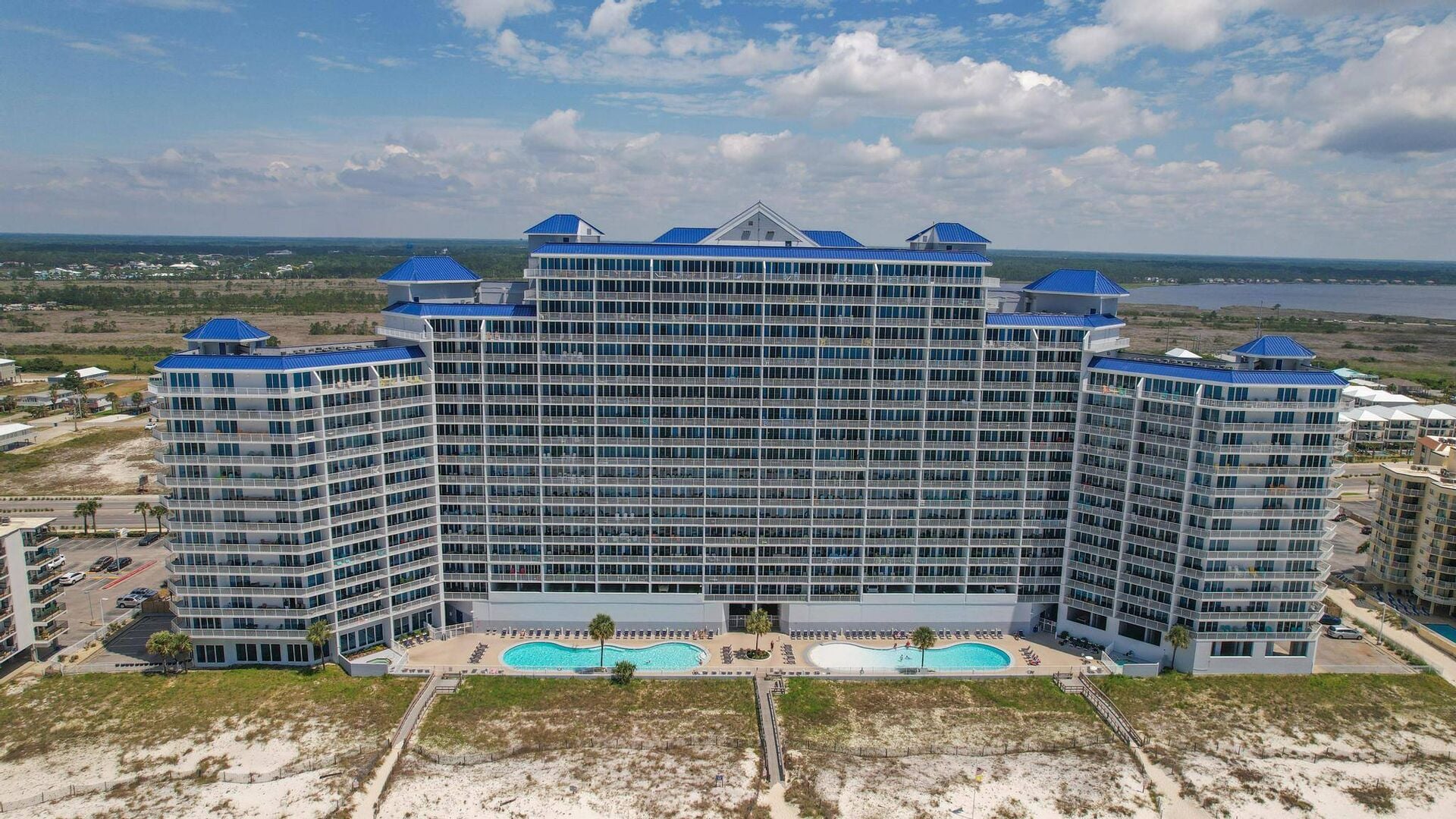 Aerial view of Lighthouse beachfront condo rentals in Gulf Shores Alabama