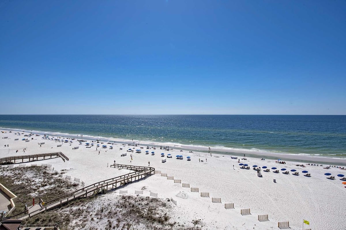 White sand beach and blue Gulf view at Four Winds in Orange Beach Alabama