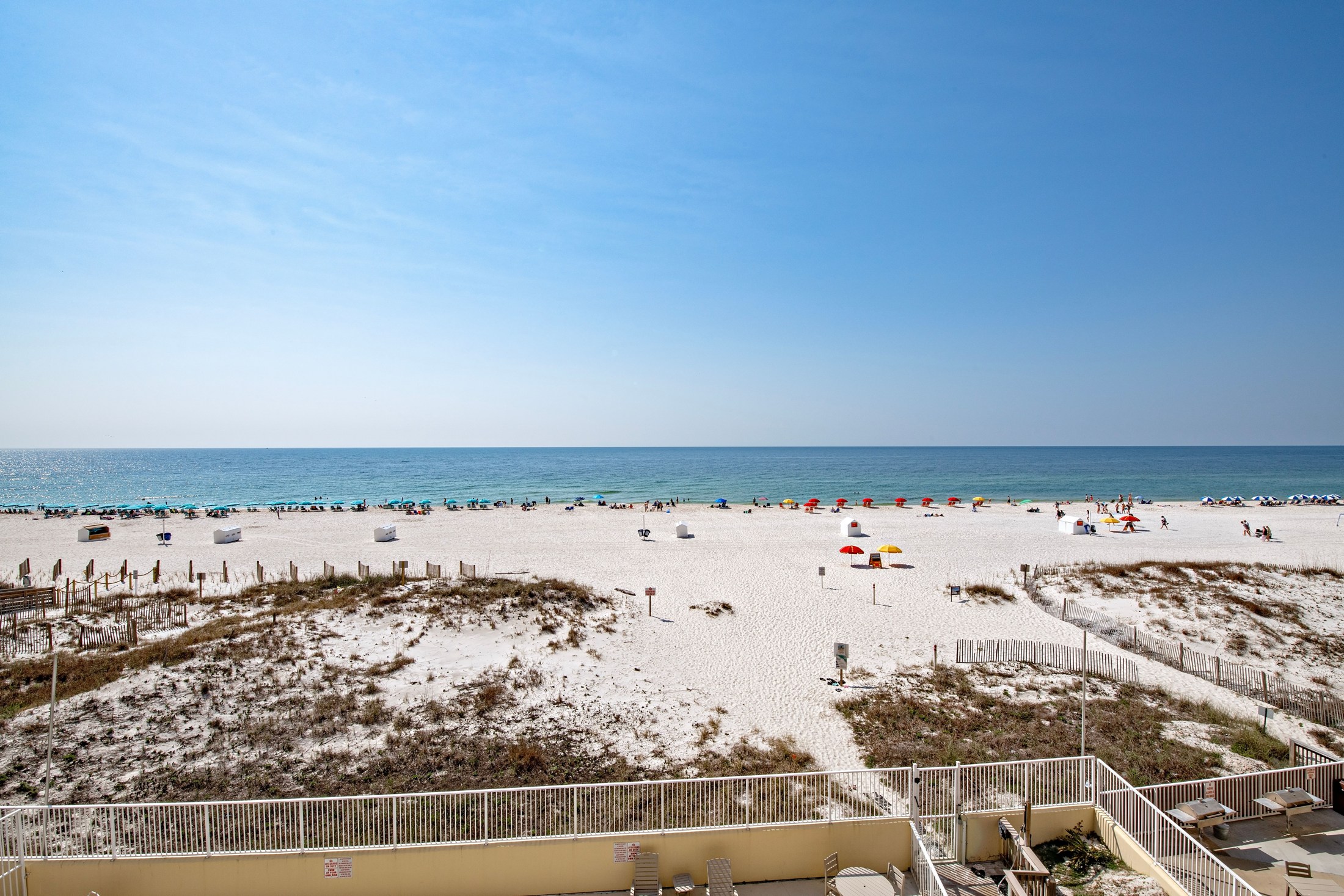 White sand beach and blue Gulf at Clearwater condos in Gulf Shores Alabama