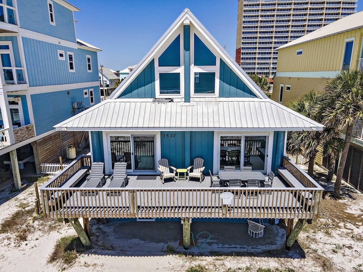 Blue A-frame style beach house at K Family Tides in Gulf Shores, Alabama