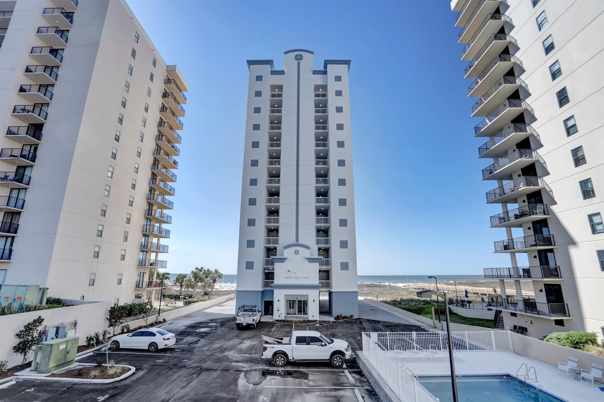 Balconies and exterior of Perdido Dunes Tower in Orange Beach, Alabama