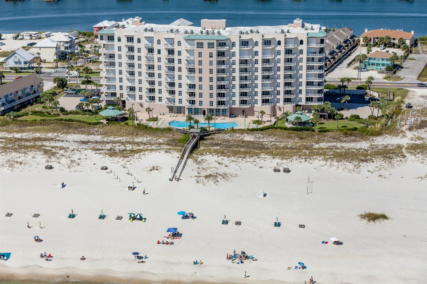 Aerial view of the Spanish Key condo tower and beach in Perdido Key, Florida