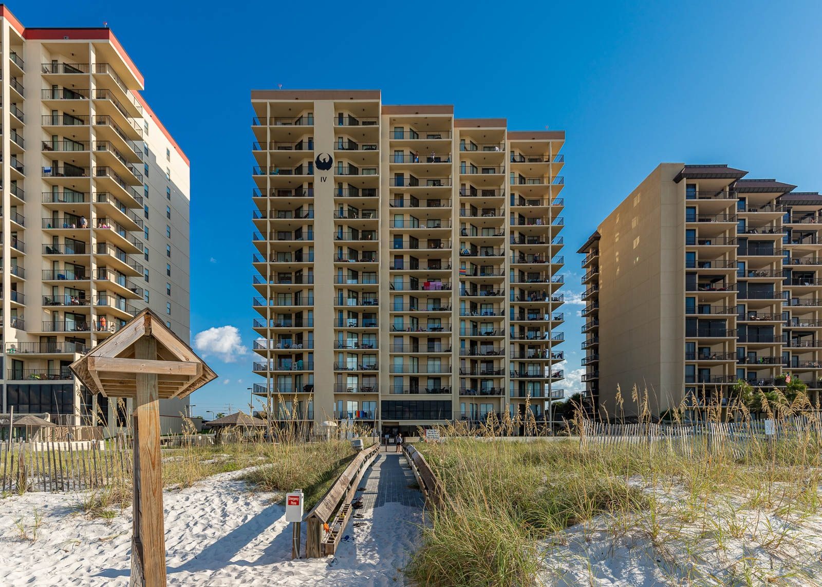 Condo towers of Phoenix IV (Phoenix 4) from the beach in Orange Beach, Alabama