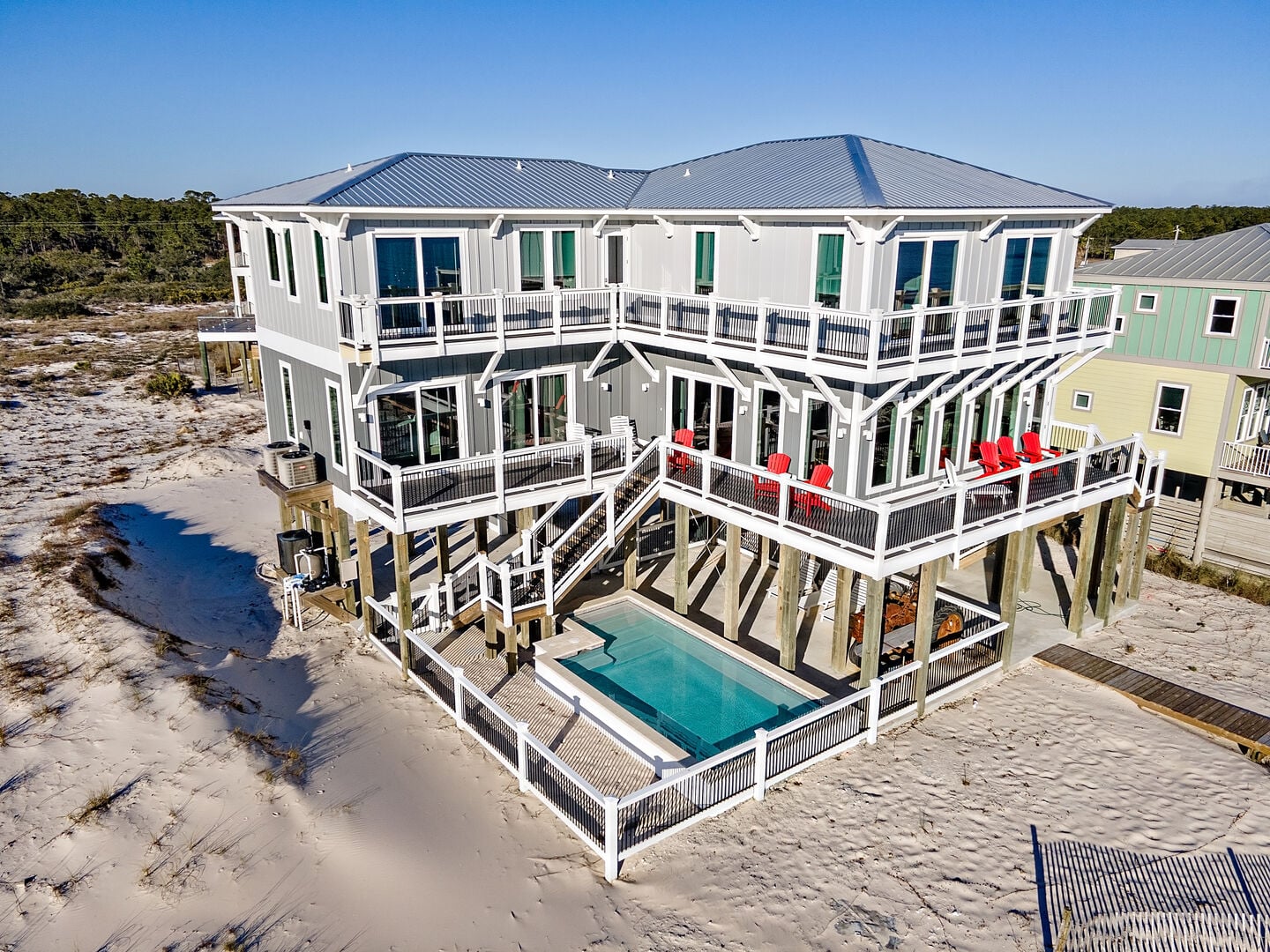Beach house with private pool and balconies at Southern Jewell in Fort Morgan, Alabama