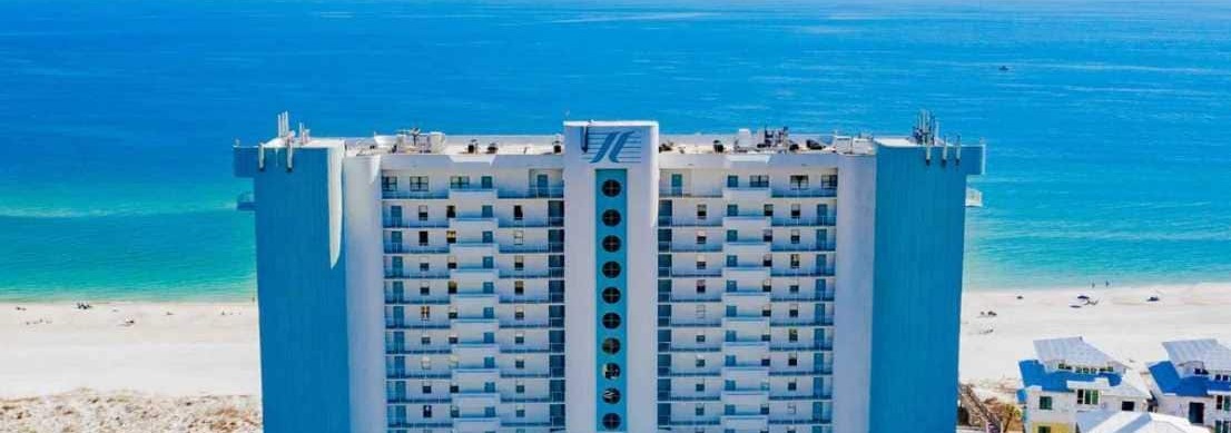 Summerchase teal and white condo tower on the Gulf in Orange Beach, Alabama